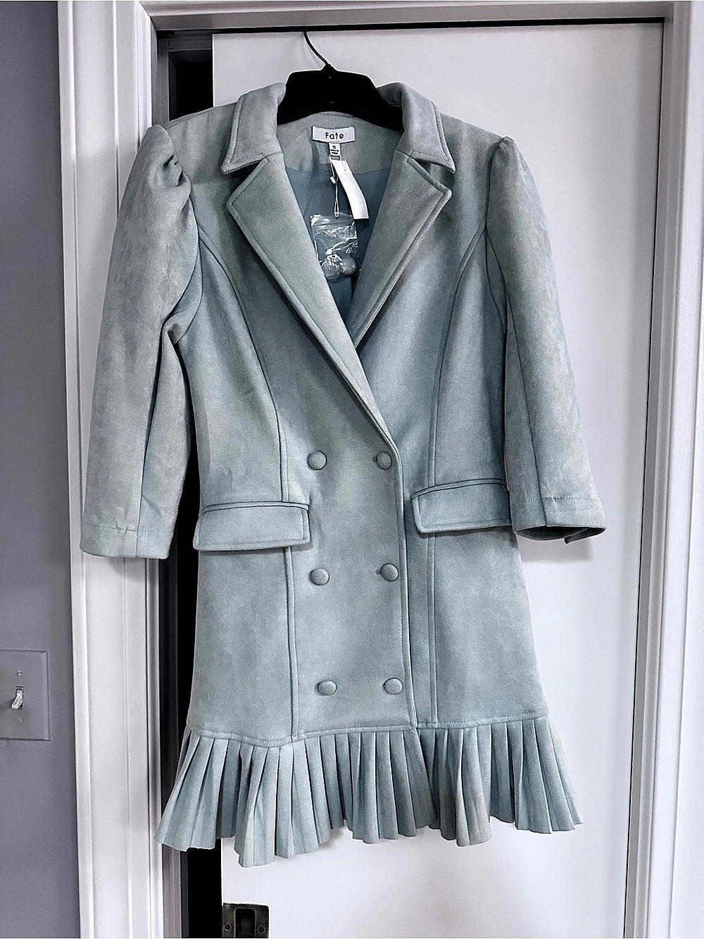 Fate Ruffle Hem suede Trench Coat in Blue size Small